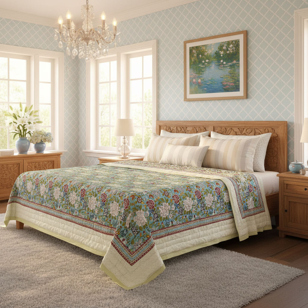 Hand Block Printed Cotton King Size Quilt Floral Canvas Blue Jade Gud 206865