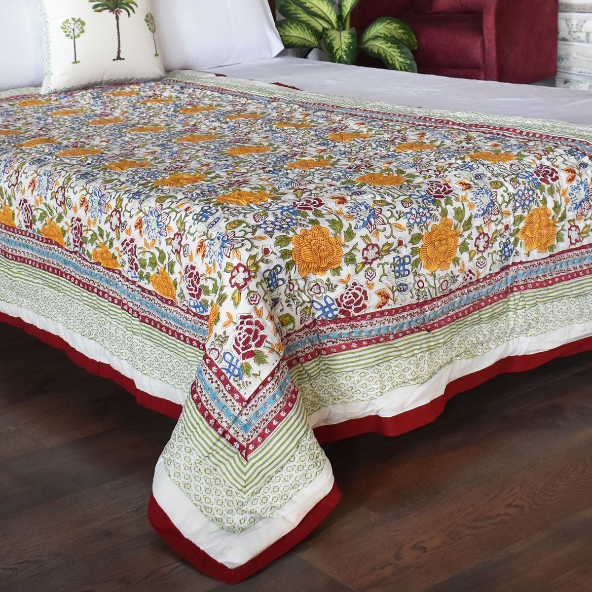 Hand Block Printed Cotton Twin Size Quilt  Floral Canvas Blue Jade Gud Red 206865