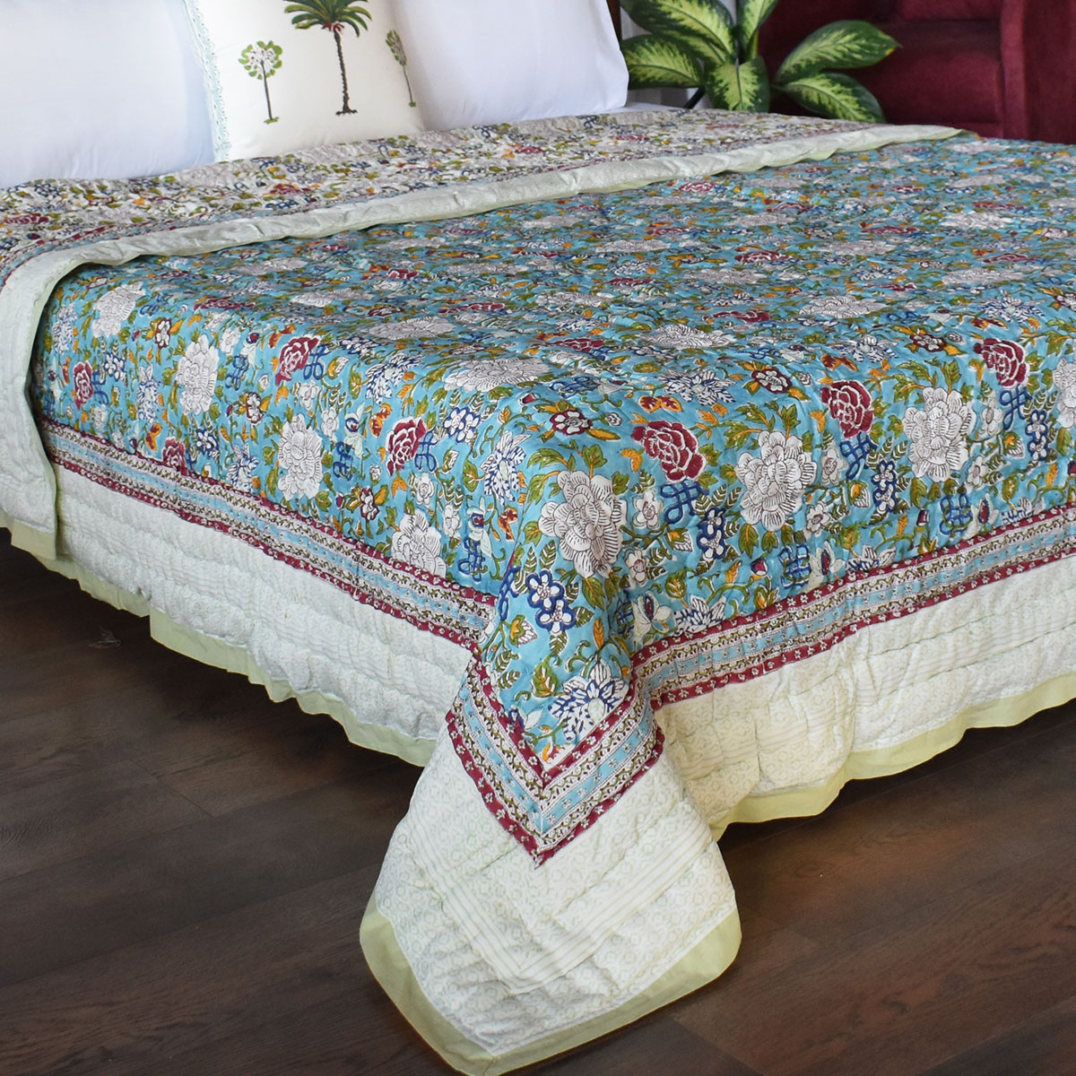 Hand Block Printed Cotton King Size Quilt Floral Canvas Blue Jade Gud 206865