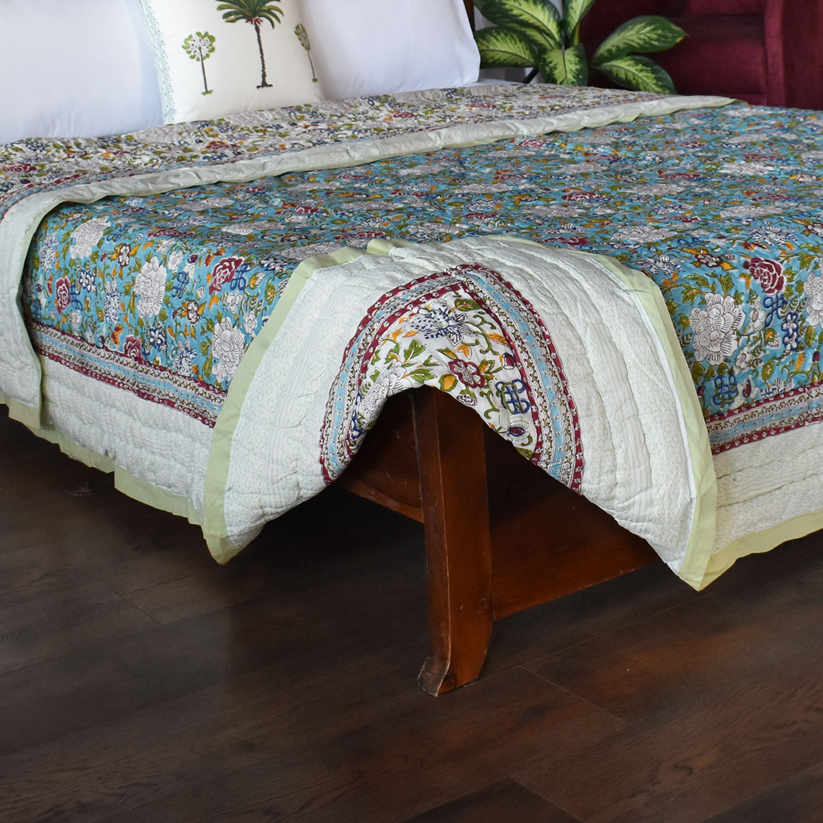 Hand Block Printed Cotton King Size Quilt Floral Canvas Blue Jade Gud 206865
