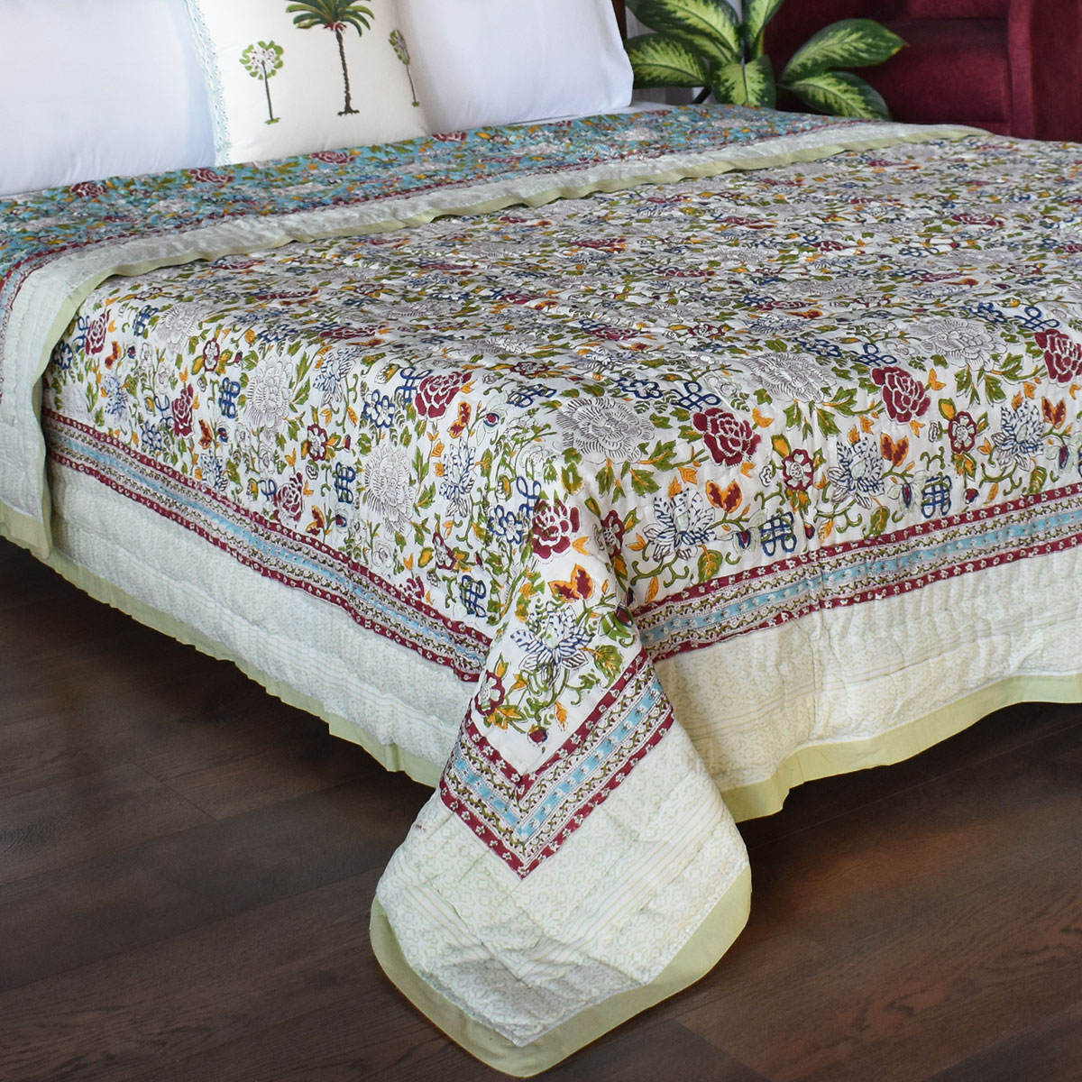 Hand Block Printed Cotton King Size Quilt Floral Canvas Blue Jade Gud 206865