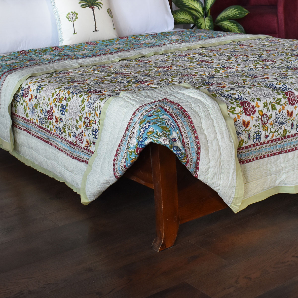 Hand Block Printed Cotton King Size Quilt Floral Canvas Blue Jade Gud 206865