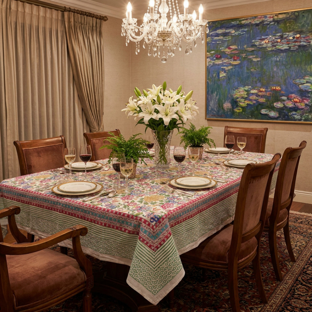 Image of Square Tablecloth in Cotton Hand Block Printed Cotton Tablecloth 150x150 cms | Floral Canvas Blue Jade Open 106816