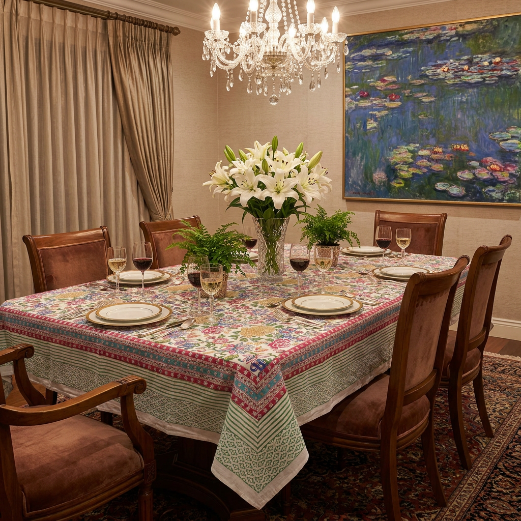 12 Seater Tablecloth 180x340 cms Floral Canvas Blue Jade Open 106816