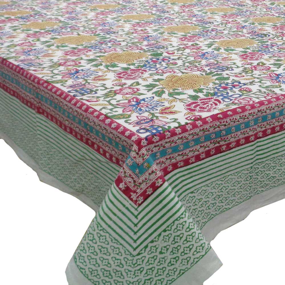 Square Tablecloth in Cotton Hand Block Printed Cotton Tablecloth 150x150 cms Floral Canvas Blue Jade Open 106816