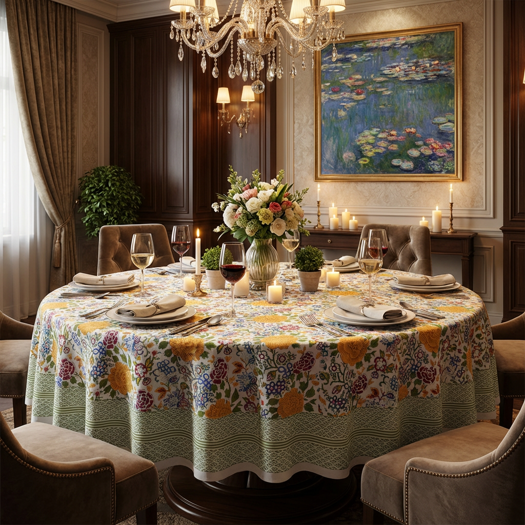 Hand Block Printed Cotton Round Tablecloth 275 cms Floral Canvas Blue Jade Open 106816