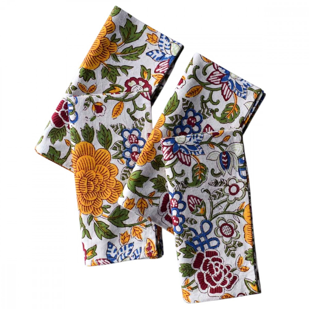 Image of Hand Block Printed Cotton Napkin 45x45 cms (Set of 4 Napkins) |Floral Canvas Blue Jade Open 106816