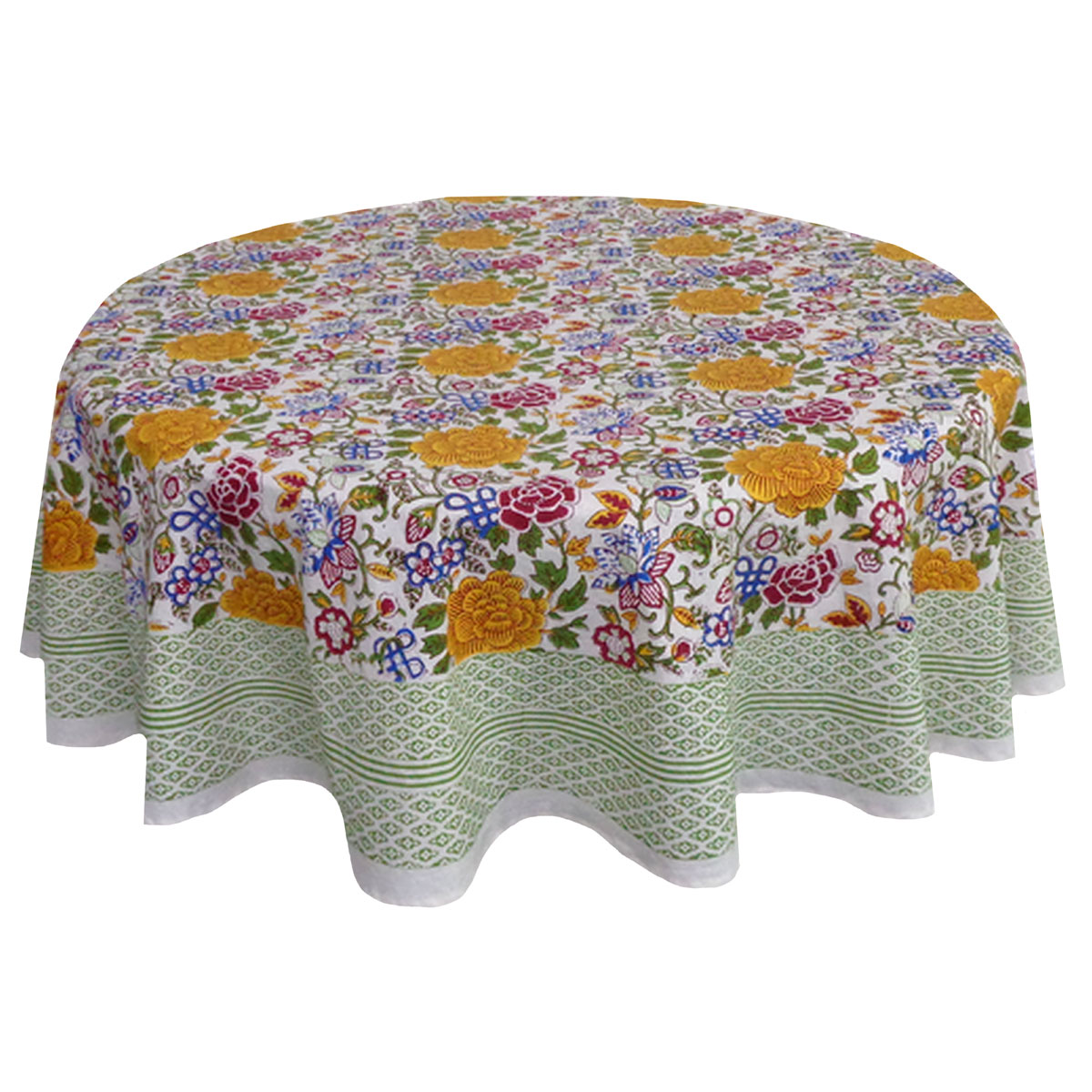 Hand Block Printed Cotton Round Tablecloth 220 cms Floral Canvas Blue Jade Open 106816