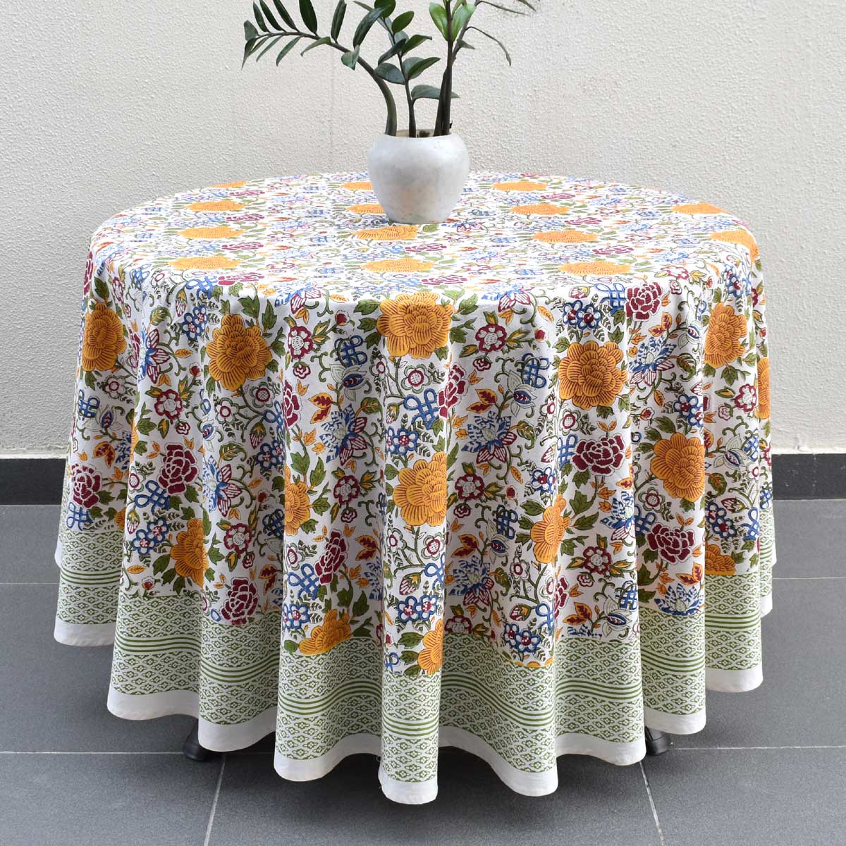 Hand Block Printed Cotton Round Tablecloth 220 cms Floral Canvas Blue Jade Open 106816