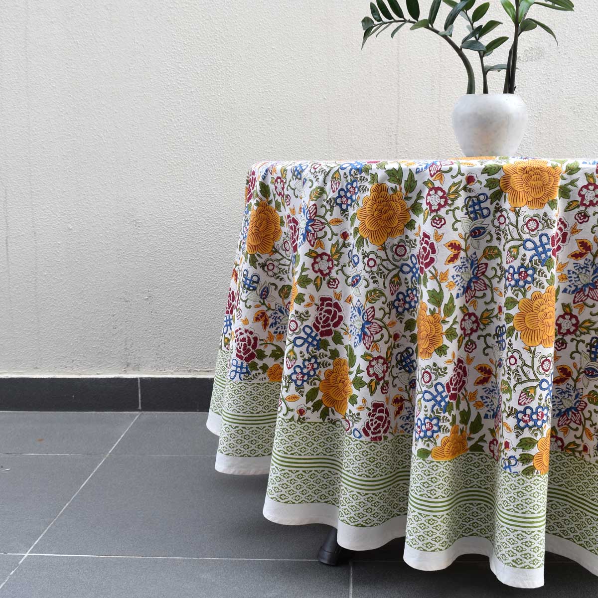 Hand Block Printed Cotton Round Tablecloth 275 cms Floral Canvas Blue Jade Open 106816