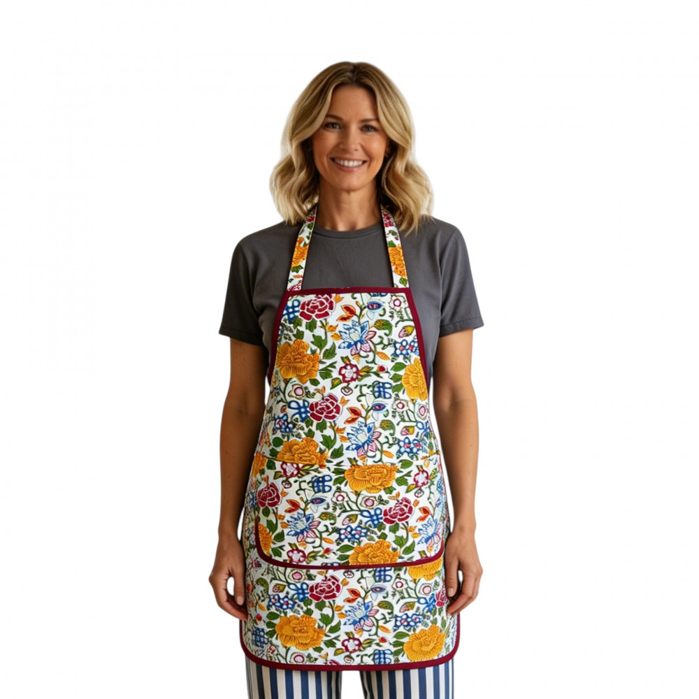 Image of Indian Block-Printed 100% Cotton Apron | Floral Canvas Blue Jade Open 106816