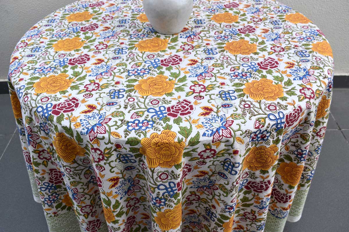 Hand Block Printed Cotton Round Tablecloth 220 cms Floral Canvas Blue Jade Open 106816