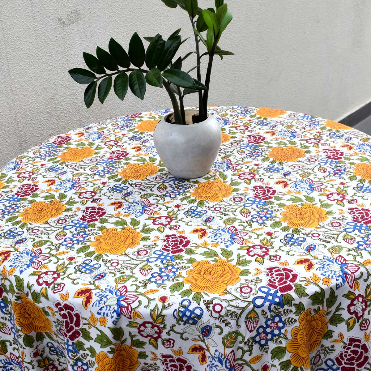Hand Block Printed Cotton Round Tablecloth 220 cms Floral Canvas Blue Jade Open 106816