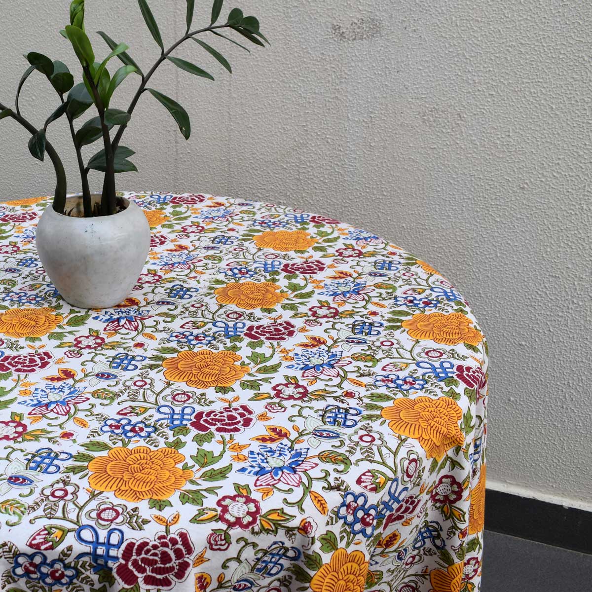 Hand Block Printed Cotton Round Tablecloth 275 cms Floral Canvas Blue Jade Open 106816