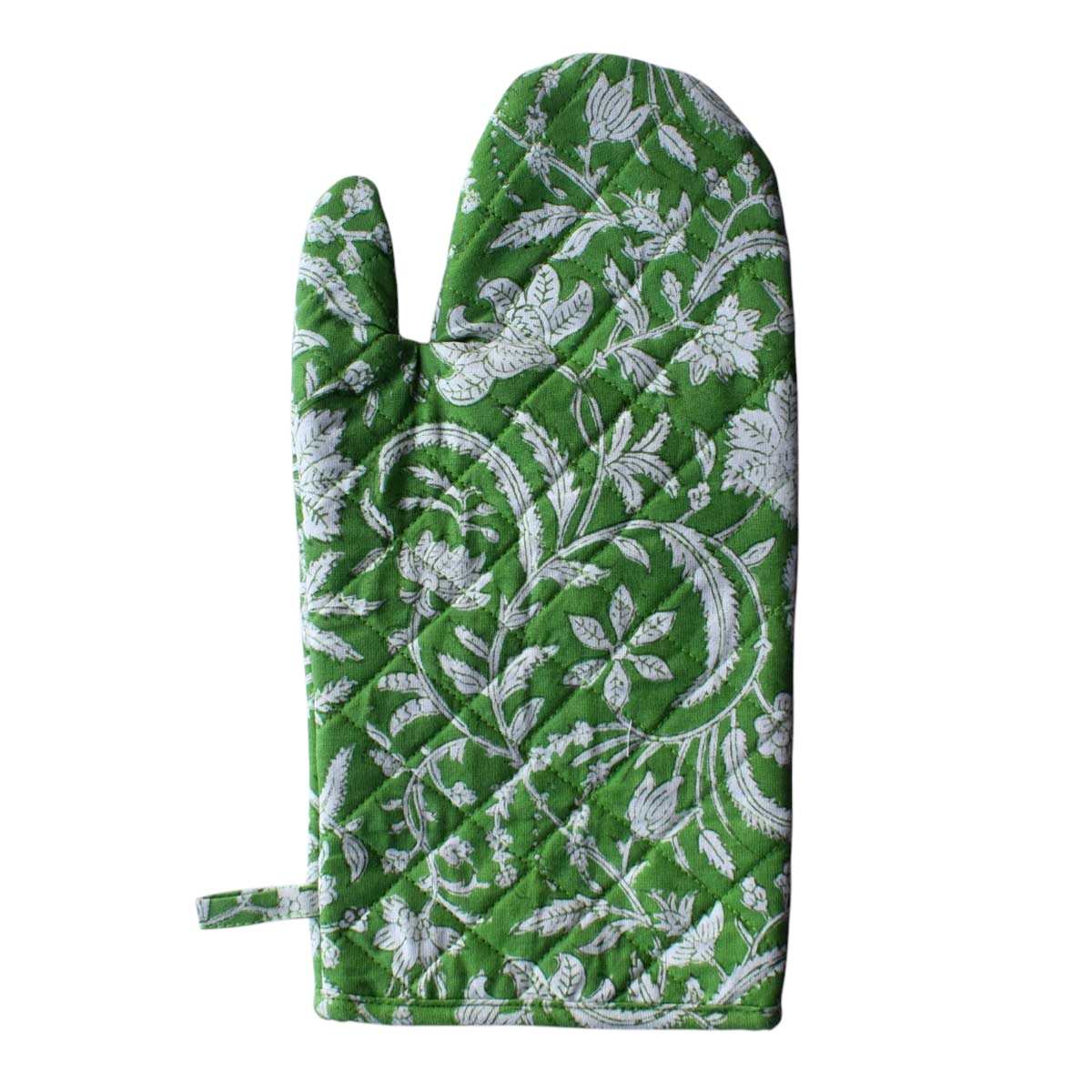 Artisan-Made Hand Block Printed Oven Mitt and Pot Holder Set  Floral Green 701949