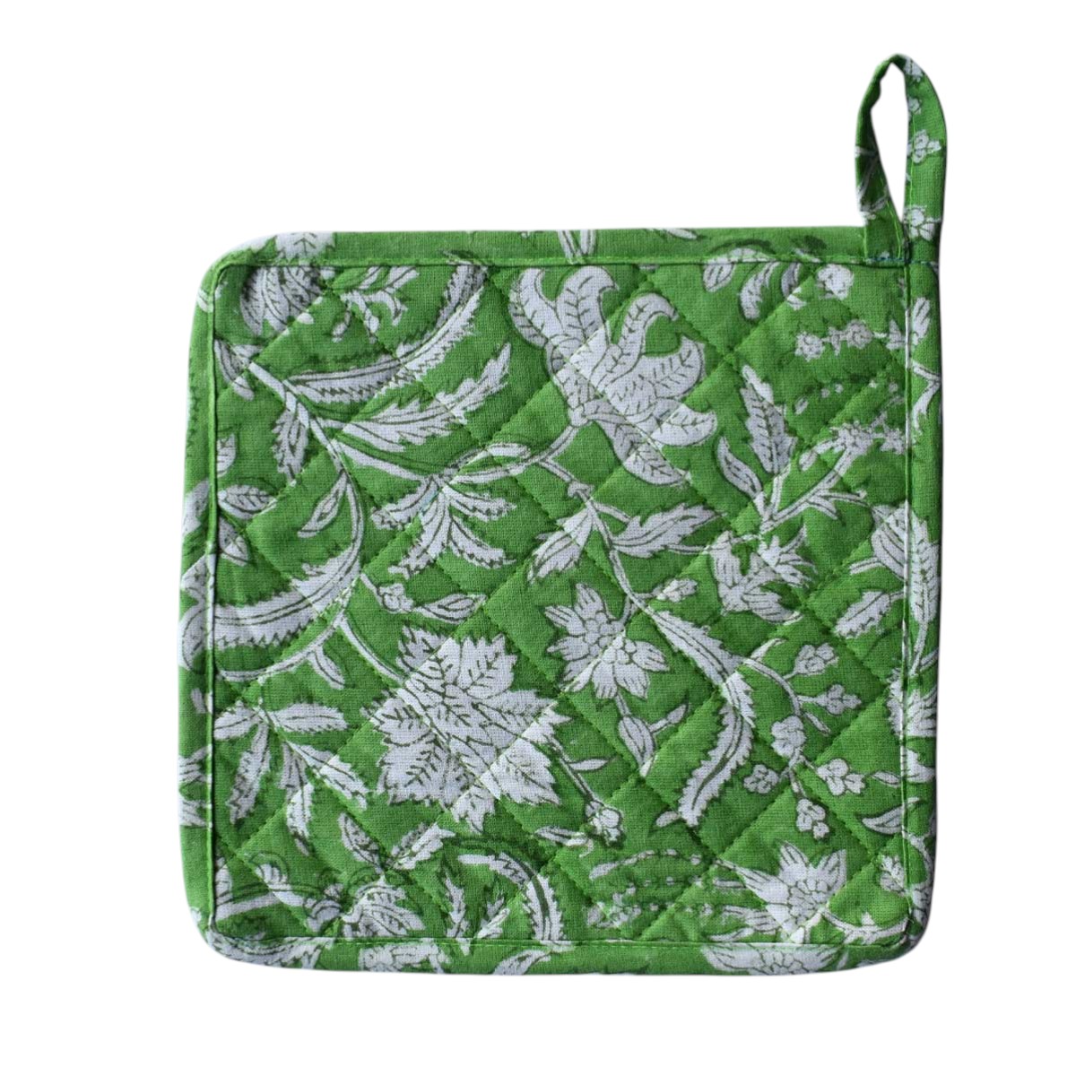 Artisan-Made Hand Block Printed Oven Mitt and Pot Holder Set  Floral Green 701949
