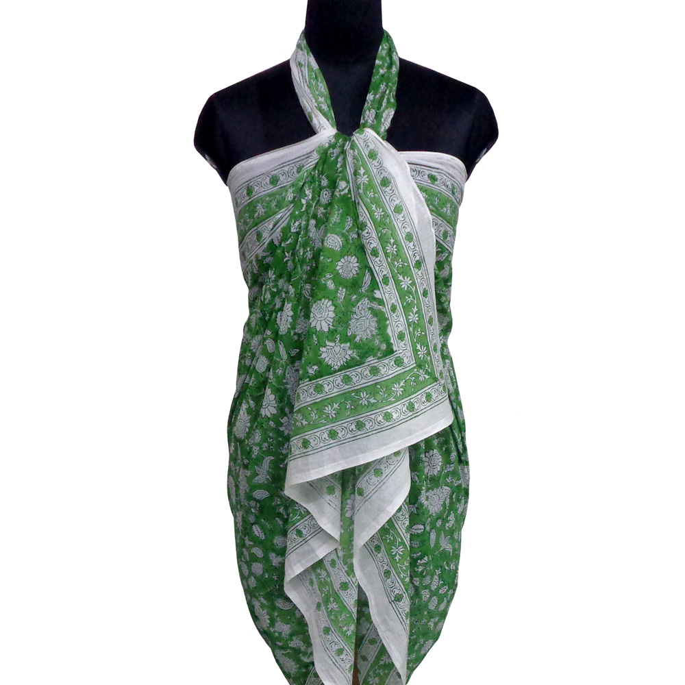 Beach Wrap Sarong Womens Swimwear Wraparound Pareo Soft Cotton Hand Block Printed Floral Green 701949