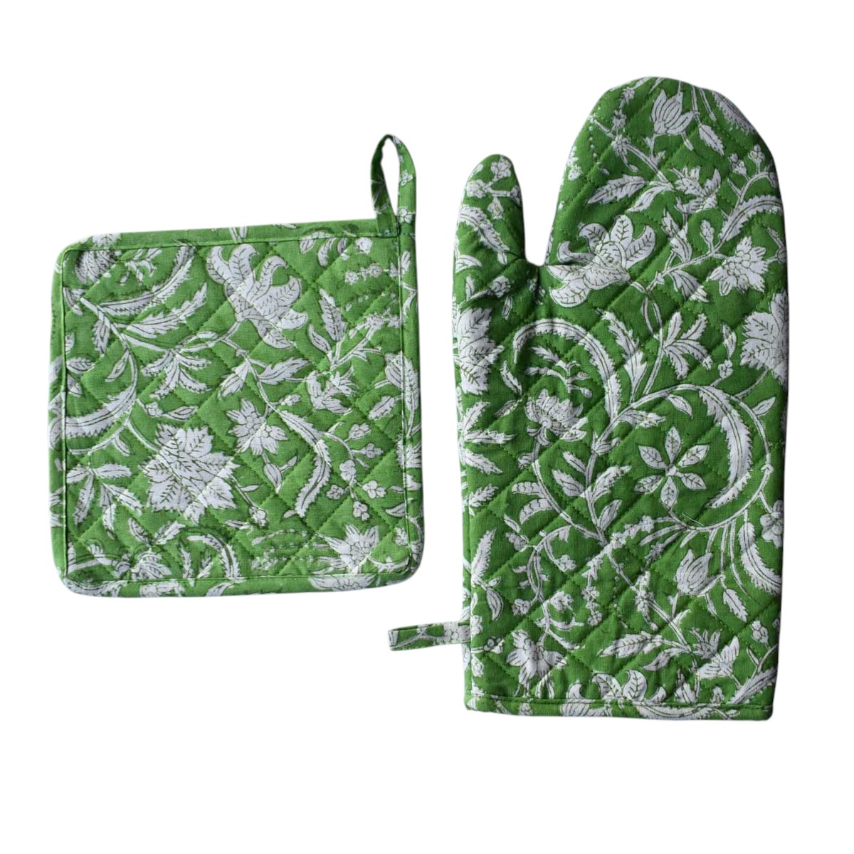 Artisan-Made Hand Block Printed Oven Mitt and Pot Holder Set  Floral Green 701949