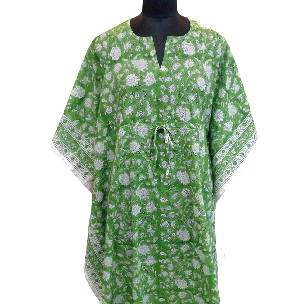 Long Size Kaftan Free Size Indian Block-Printed Loungewear in Soft Cotton Voile Floral Green 701949