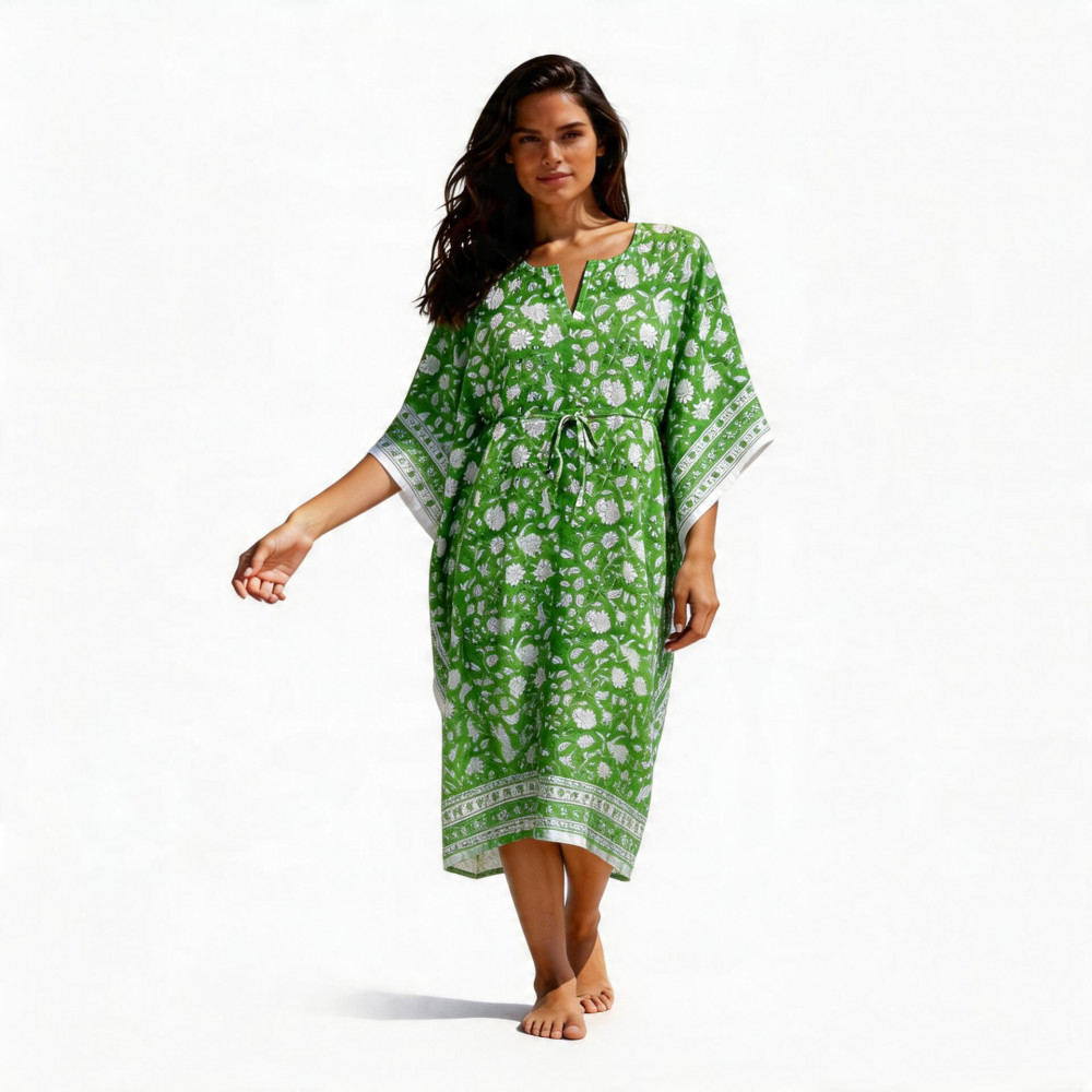 Image of Long Size Kaftan Free Size Indian Block-Printed Loungewear in Soft Cotton Voile | Floral Green 701949