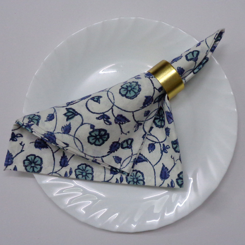 Hand Block Printed Cotton Napkin 45x45 cms Set of 4 Napkins Floral Kali Blue 203903