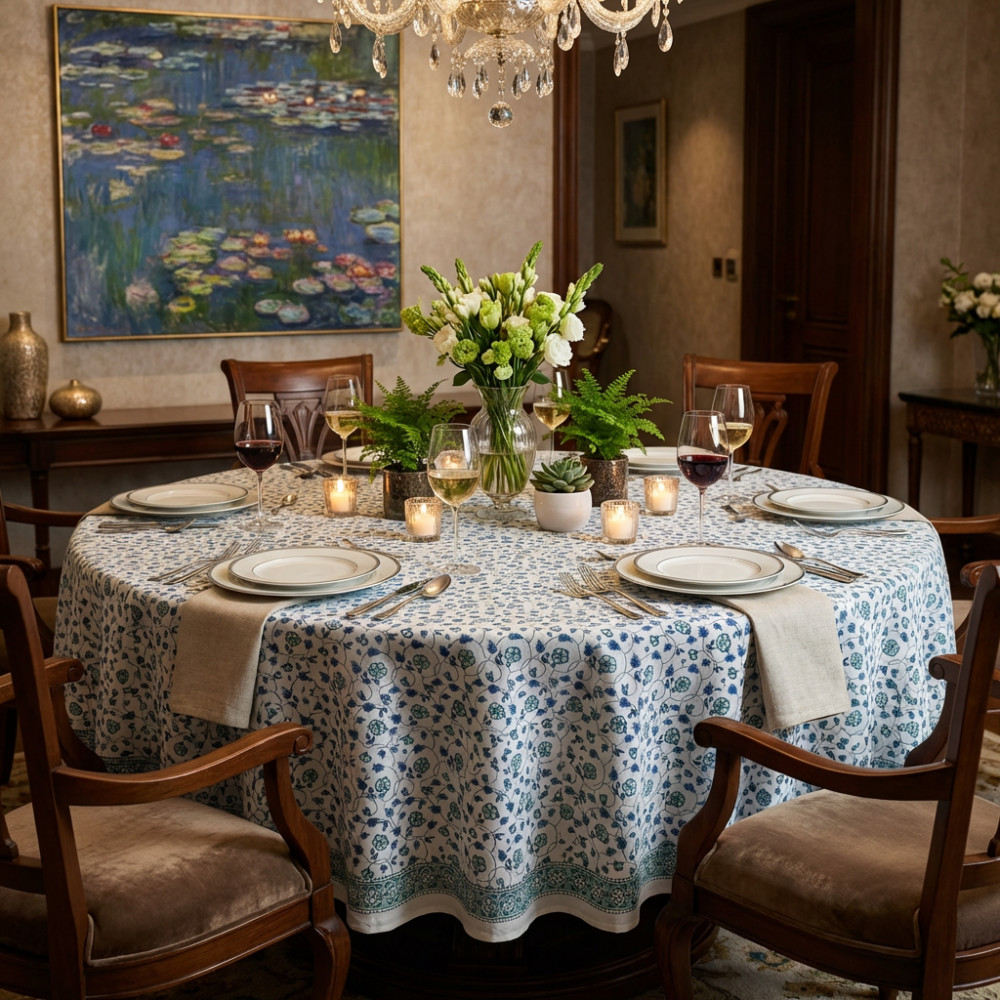 Image of Hand Block Printed Cotton Round Tablecloth 220 cms | Floral Kali Blue 203903