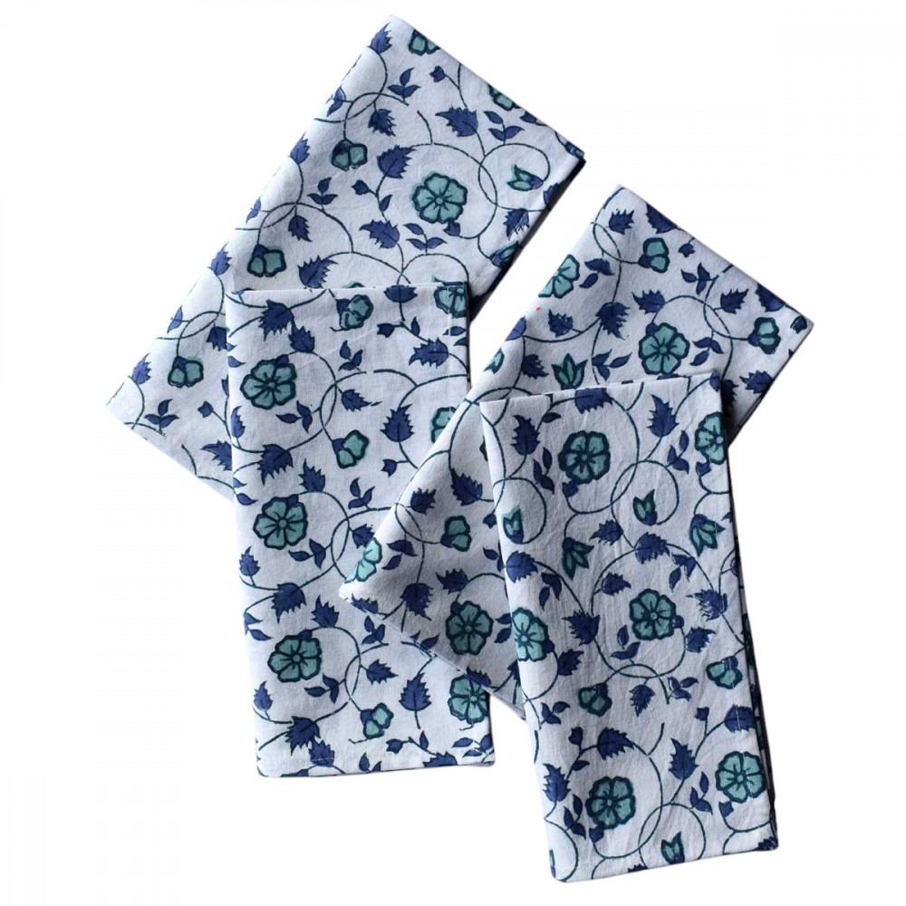 Image of Hand Block Printed Cotton Napkin 45x45 cms (Set of 4 Napkins) | Floral Kali Blue 203903