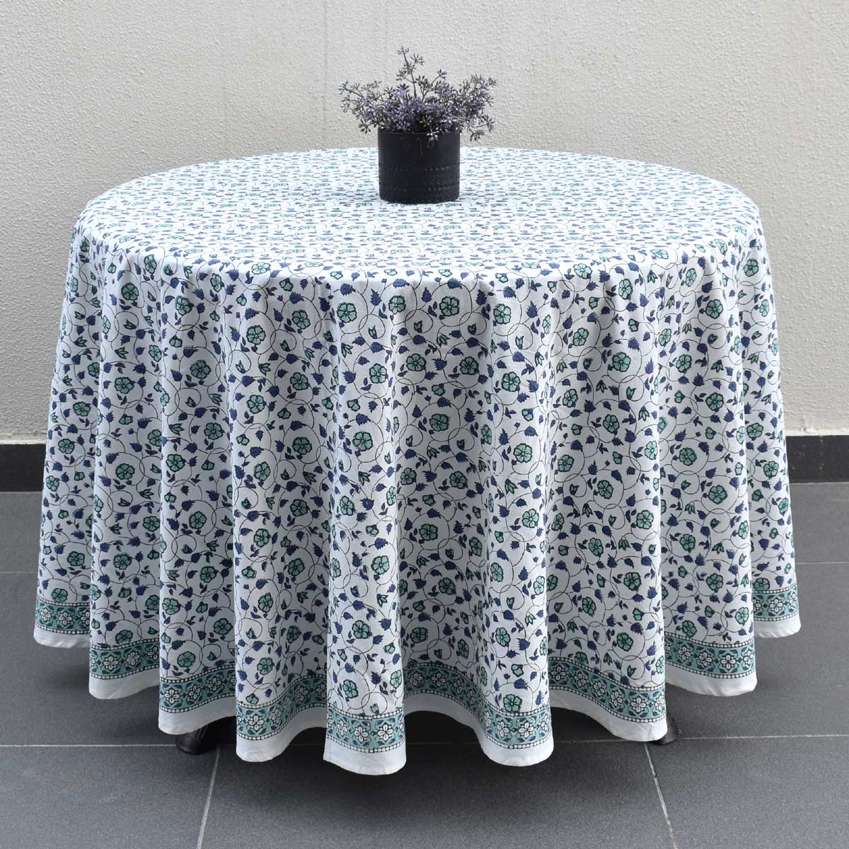 Hand Block Printed Cotton Round Tablecloth 220 cms  Floral Kali Blue 203903