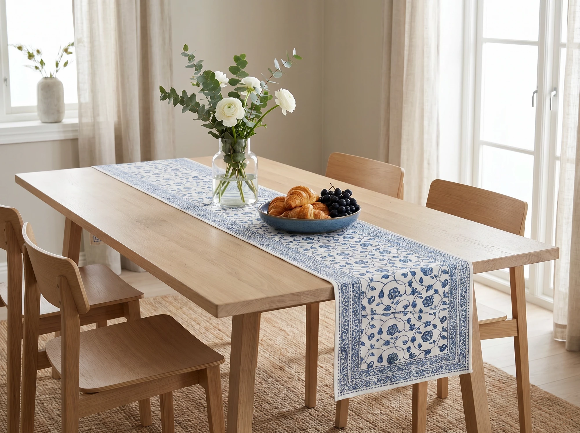 Hand Block Printed Cotton Canvas Table Runner 33x120 cms Floral Kali Blue 203903
