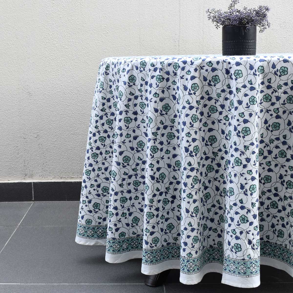 Hand Block Printed Cotton Round Tablecloth 220 cms Floral Kali Blue 203903