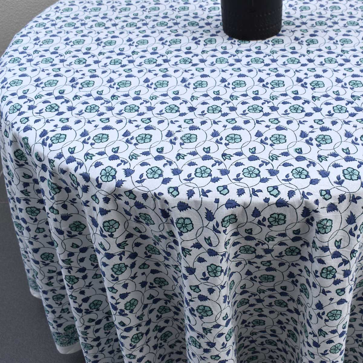 Hand Block Printed Cotton Round Tablecloth 220 cms Floral Kali Blue 203903
