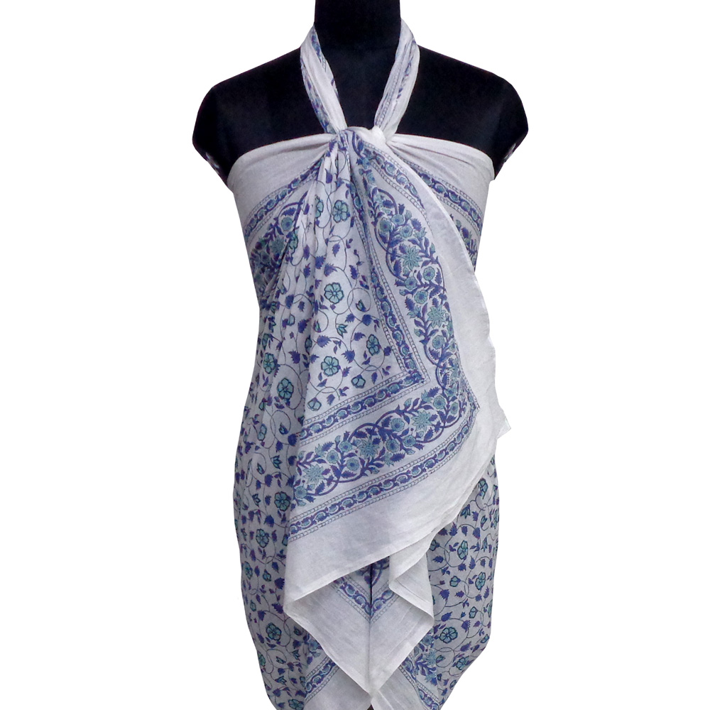 Beach Wrap Sarong Womens Swimwear Wraparound Pareo Soft Cotton Hand Block Printed Floral Kali Blue 203903