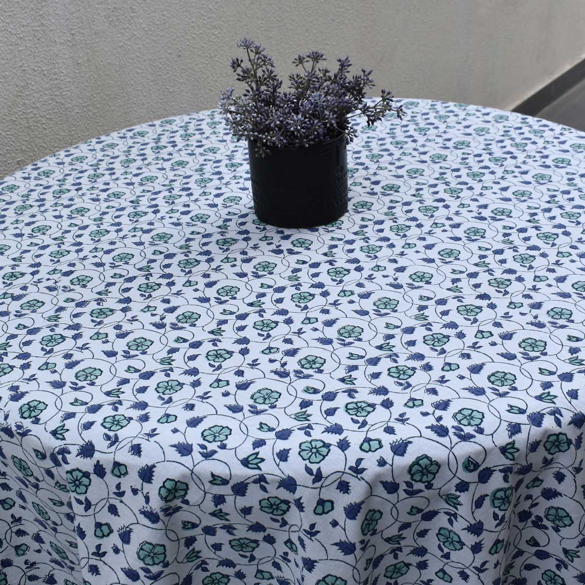 Hand Block Printed Cotton Round Tablecloth 220 cms Floral Kali Blue 203903