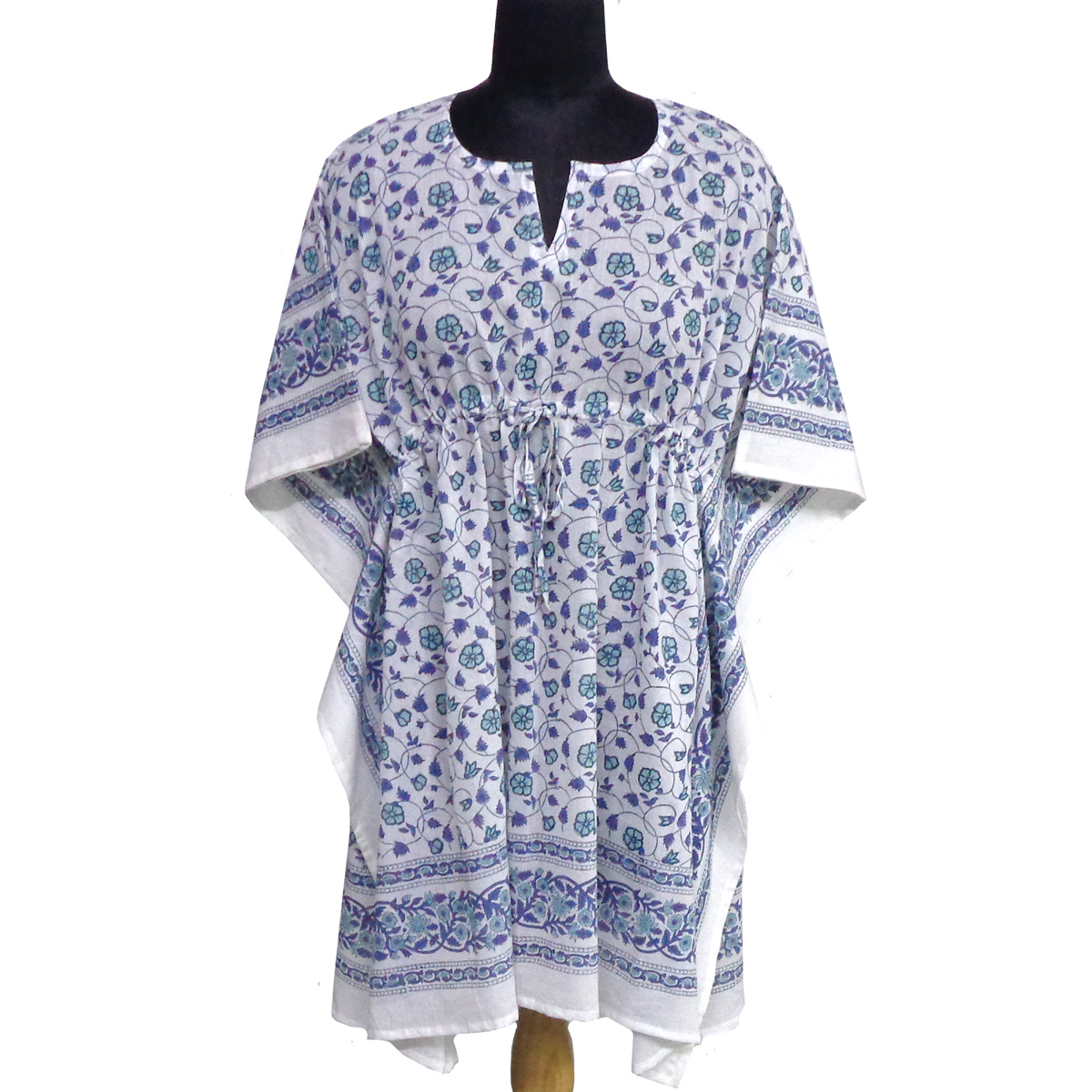 String Kaftan Free Size Indian Block Printed on Soft Cotton Voile Floral Kali Blue 203903