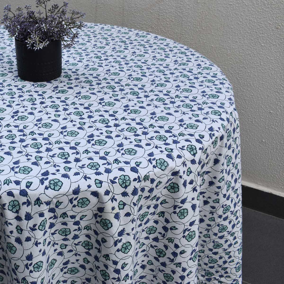Hand Block Printed Cotton Round Tablecloth 220 cms Floral Kali Blue 203903