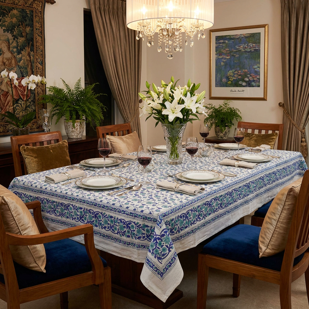 Hand Block Printed Cotton Tablecloth 180x270 cms Floral Kali Blue 203903