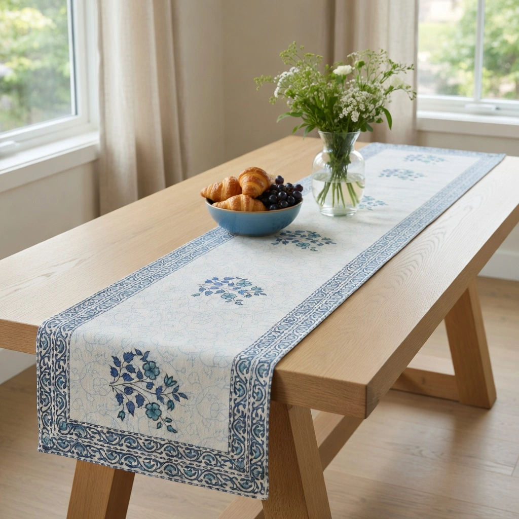 Hand Block Printed Cotton Canvas Table Runner 33x120 cms Floral Kali Blue Boota 309470
