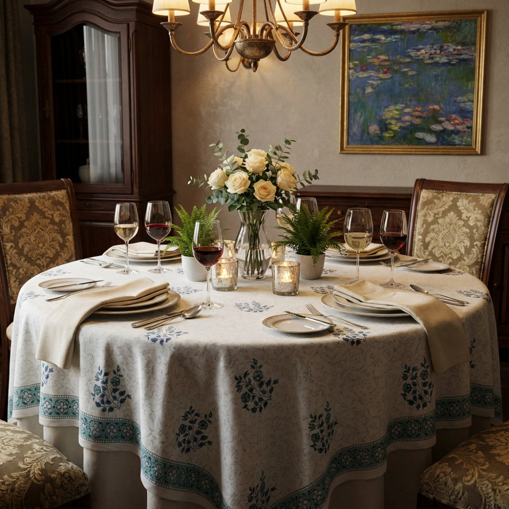 Image of Hand Block Printed Cotton Round Tablecloth 220 cms| Floral Kali Blue Boota 309470