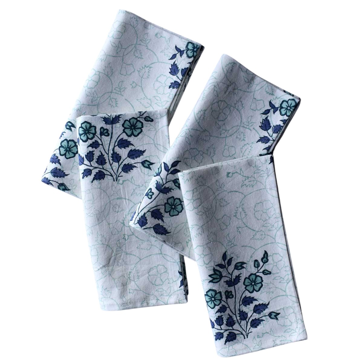 Hand Block Printed Cotton Napkin 45x45 cms Set of 4 Napkins Floral Kali Blue Boota 309470