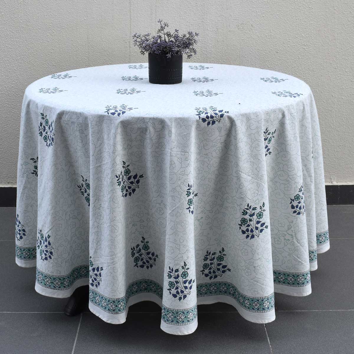 Hand Block Printed Cotton Round Tablecloth 220 cms Floral Kali Blue Boota 309470