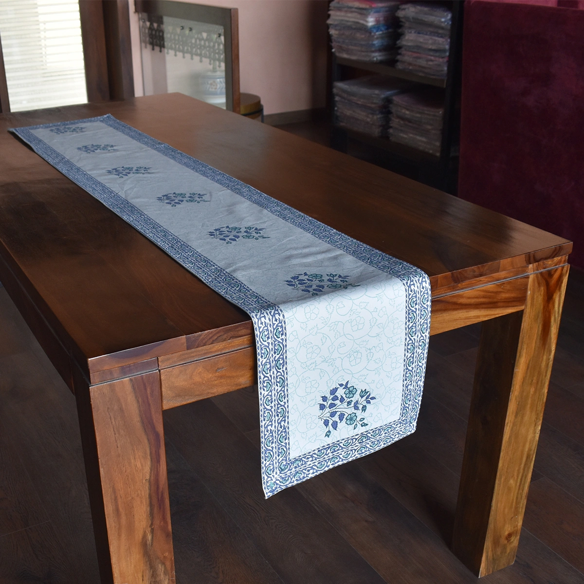 Hand Block Printed Cotton Canvas Table Runner 33x170 cms Floral Kali Blue Boota 309470
