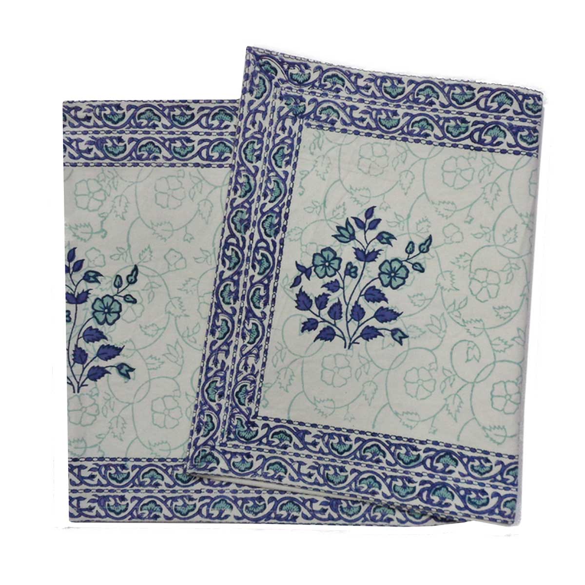 Hand Block Printed Cotton Canvas Table Runner 33x120 cms Floral Kali Blue Boota 309470