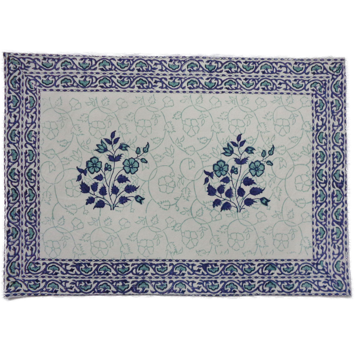 Hand Block Printed Cotton Canvas Table Mat 32x48 cms Set of 2 Table mats Floral Kali Blue Boota 309470