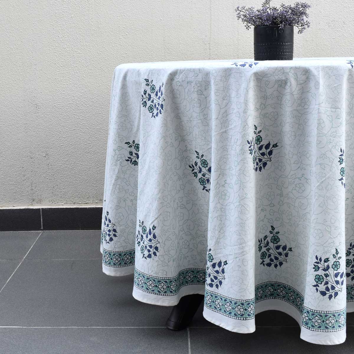 Hand Block Printed Cotton Round Tablecloth 150 cms Floral Kali Blue Boota 309470
