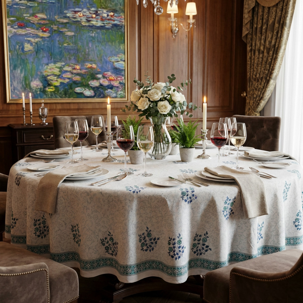 Image of Hand Block Printed Cotton Round Tablecloth 180 cms | Floral Kali Blue Boota 309470