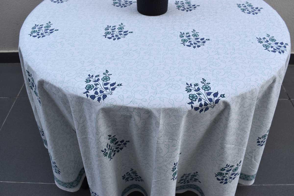 Hand Block Printed Cotton Round Tablecloth 220 cms Floral Kali Blue Boota 309470