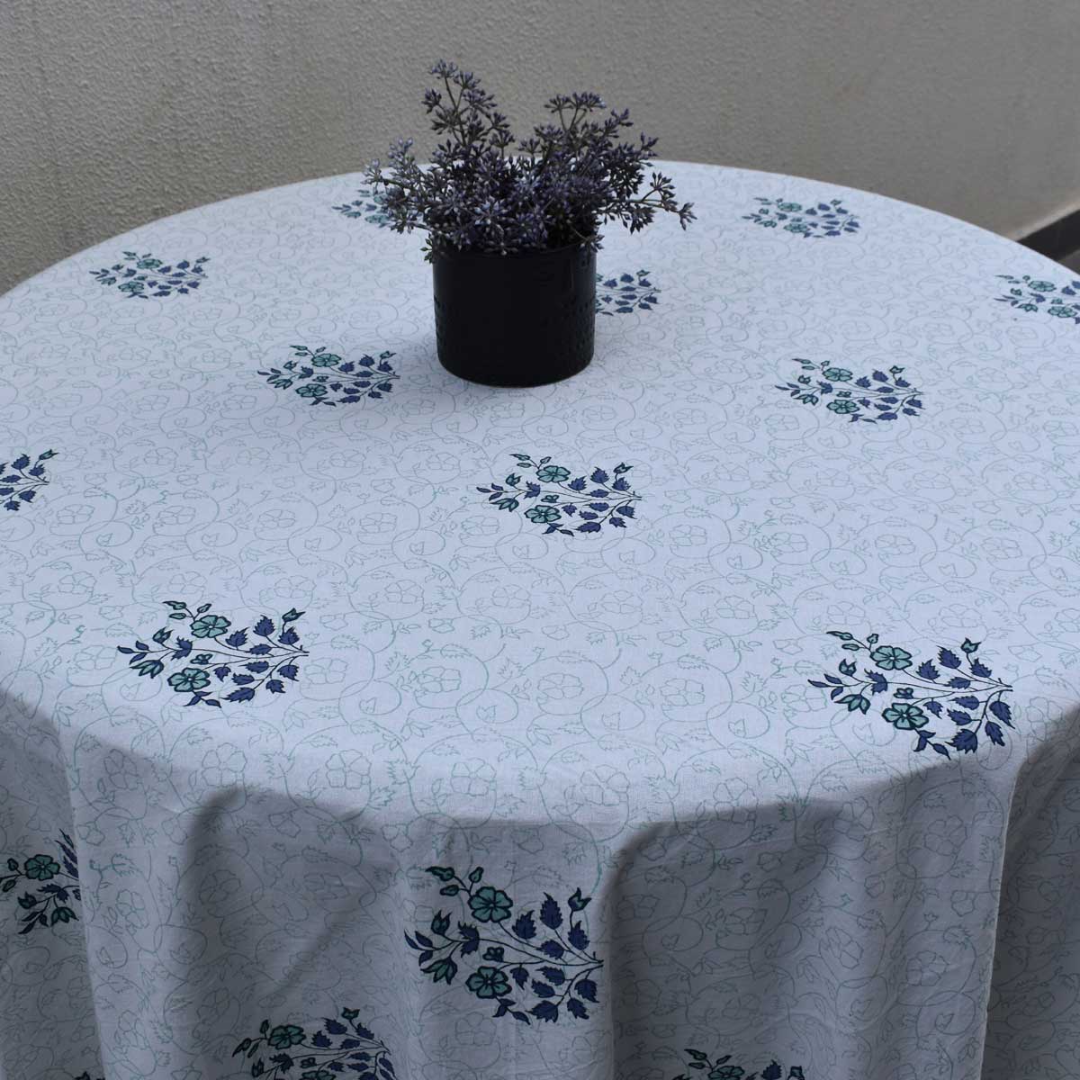 Hand Block Printed Cotton Round Tablecloth 150 cms Floral Kali Blue Boota 309470