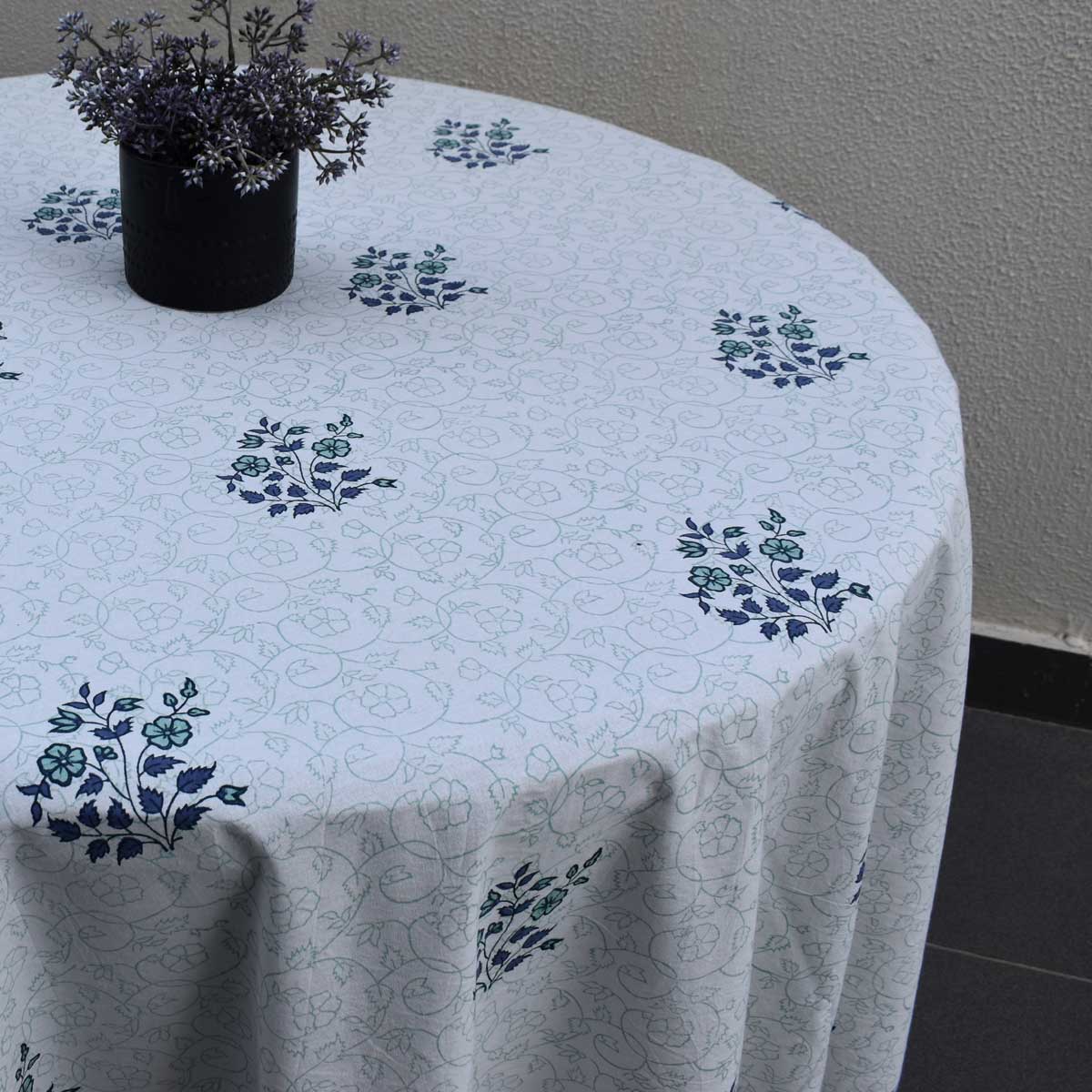 Hand Block Printed Cotton Round Tablecloth 220 cms Floral Kali Blue Boota 309470