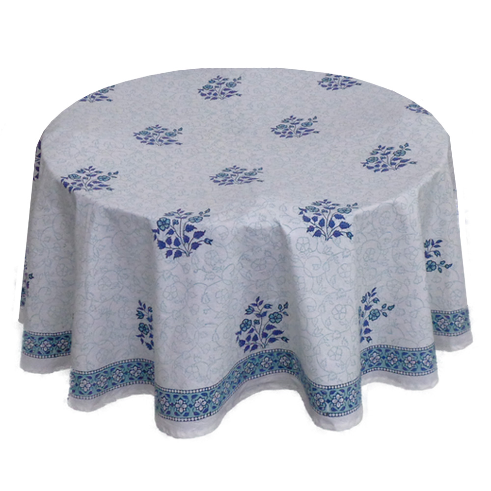 Hand Block Printed Cotton Round Tablecloth 150 cms Floral Kali Blue Boota 309470