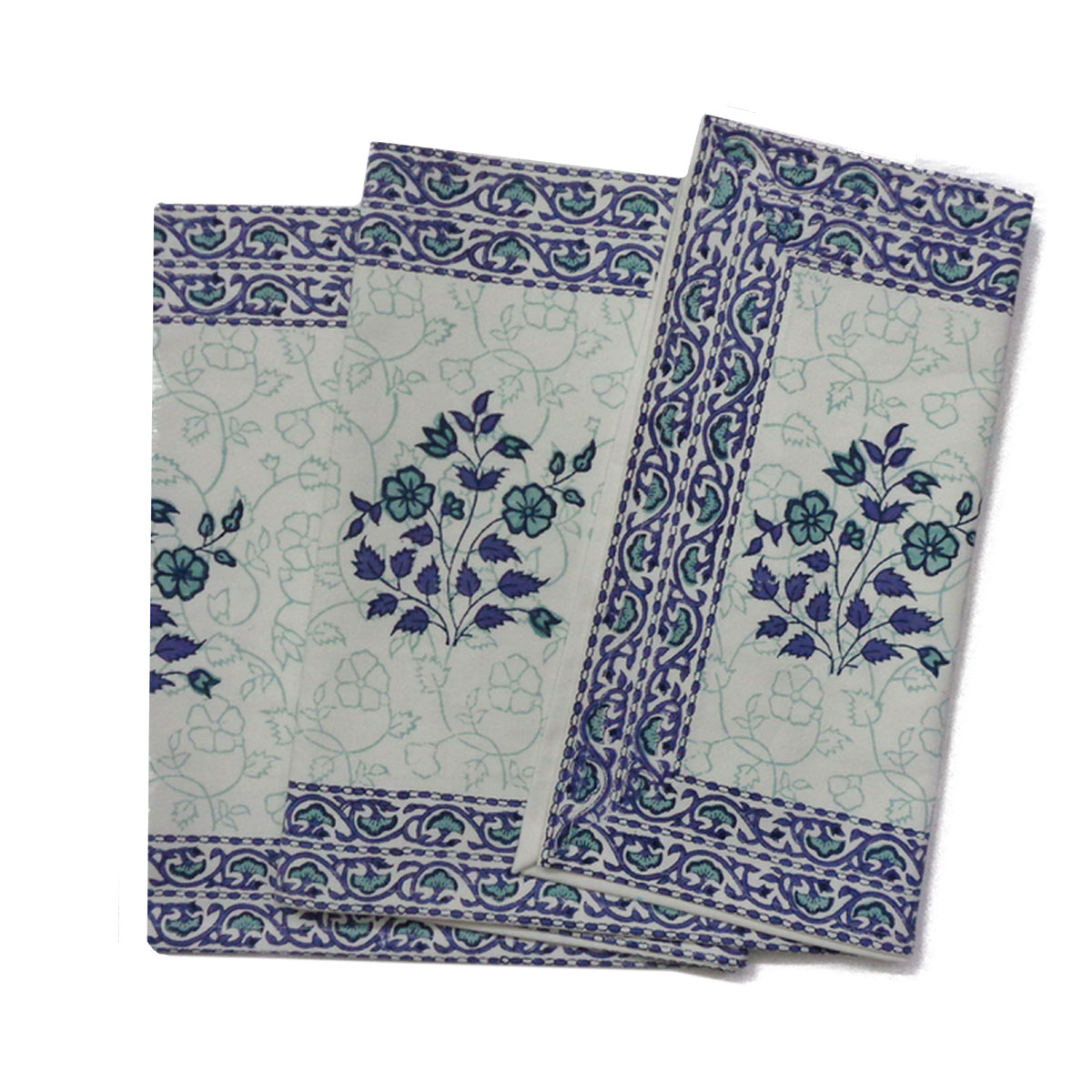 Hand Block Printed Cotton Canvas Table Runner 33x170 cms  Floral Kali Blue Boota 309470
